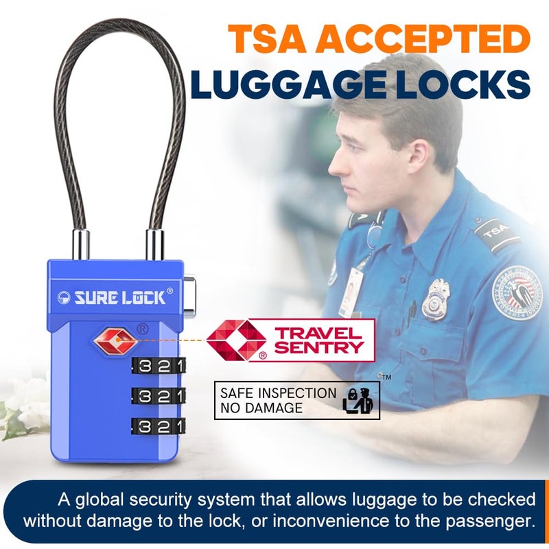 SURE LOCK TSA Approved Cable Luggage Lock â€“ TSA Locks for Luggage with Visual Inspection Indicator, Resettable 3-Digit Combination, Zinc Alloy Body for Suitcases, Backpacks, Gym Lockers(Blue 2 Pack) - Image 2